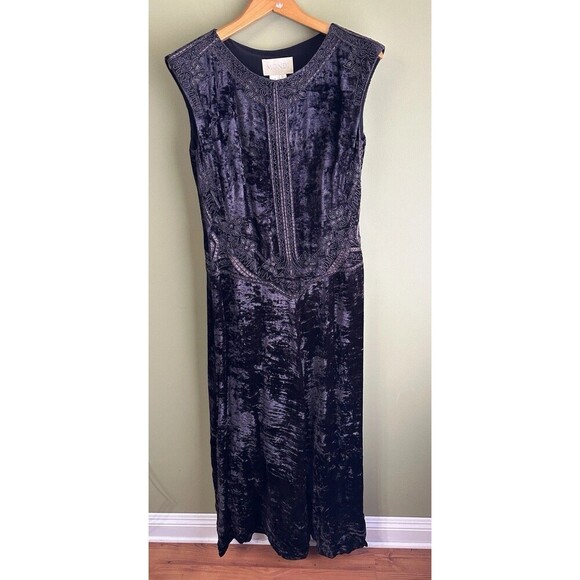 VTG Mondi Crushed Velvet Silk Beaded Gown‎ 38 Black Dress Renaissance Flapper - Picture 1 of 10